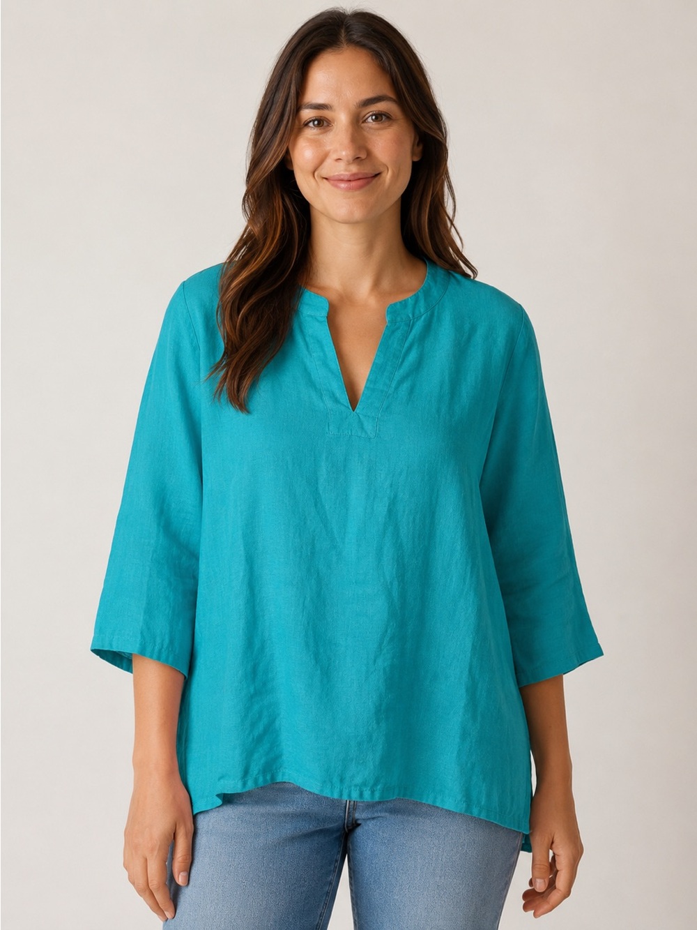 Lands’ End 100% Linen Tunic Top Women’s XL Petite Teal Green 3/4 Sleeve Pockets